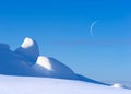 Arctic winter landscape, crescent moon in the blue sky
