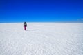 Arctic winter landscape - view of a snowy desert field with a walking man Royalty Free Stock Photo