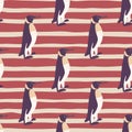 Arctic zoo seamless pattern with hand drawn purple penguin print. Striped red pale background