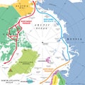 Arctic Ocean sea routes, Arctic shipping routes, political map Royalty Free Stock Photo