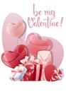 ard design for Valentine s Day and Mother s Day. Poster, banner with balloons and gift box. Background with flying