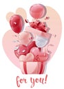 ard design for Valentine s Day and Mother s Day. Poster, banner with open gift box and balloons. Background with flying