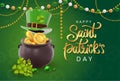 ÃÂ¡ard Saint Patrick`s Day with treasure of leprechaun, pot full of golden coins, green hat and shamrock. Calligraphy lettering Royalty Free Stock Photo