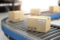 ÃÂ¡ardboard boxes on conveyor in warehouse. Delivery, storage and distribution service concept Royalty Free Stock Photo