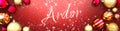 Ardor and Christmas card, red background with Christmas ornament balls, snow and a fancy and elegant word Ardor, 3d illustration