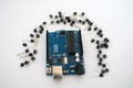 Arduino and around transistors lined up Royalty Free Stock Photo
