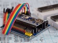 Arduino and programmers with peripherals and expansion boards lie on a gray background. do it yourself.Arduino micro.Arduino macro