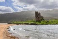 Timeless allure of Ardvreck Castle, set against the lush green Scottish Highlands and tranquil lake Royalty Free Stock Photo