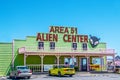 Area 51 Alien Center convience store and gas station on highway from Vegas to Death Valley with alien decor - yellow convertable p