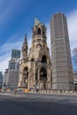 Area around `Breitscheidplatz` and `Ku`damm` with Kaiser Wilhelm memorial church and new build hotel in the center of Berlin