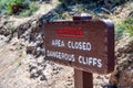 Area Closed - Dangerous Cliffs warning sign in Bryce Canyon National Park, Utah - USA Royalty Free Stock Photo