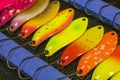 Area fishing background of trout spoons and hard baits Royalty Free Stock Photo