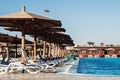 area hotel with pool and palm trees in Hurghada. Egypt. The Gol Royalty Free Stock Photo