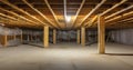 An area of limited height under the floor of a house with concrete wall and floor. The Integral Role of Wooden Beams and Royalty Free Stock Photo