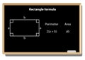 Area and perimeter of a rectangle for mathematical representations. Geometric figures on black school board.