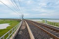 Area of Railroad tracks with floating railway bridge over water reservoir at Pa Sak Cholasit Dam, Lopburi, Thailand Royalty Free Stock Photo