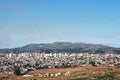 AREA VIEW OF THE CITY OF TANDIL IN A VALLEY WITH LOW MOUNTAINS WITH BUILDINGS IN PROVINCE OF BUENOS AIRES ARGENTINA-OCT 2018