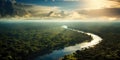 areal view of the vast amazon river and amazonian lush rain forest jungle. vast fantasy woods. Royalty Free Stock Photo