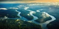 areal view of the vast amazon river and amazonian lush rain forest jungle. Save the planet concept.