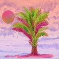 Areca palm Dypsis lutescens tree on the beach, pink sunset on cloudy sky, watercolor painting, illustration design element