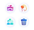 Arena, Couple love and Friend icons set. Trash bin sign. Sport stadium, People in love, Garbage. Business set. Vector