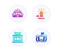 Arena stadium, Lighthouse and Shop icons set. Arena sign. Competition building, Navigation beacon, Store. Vector