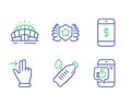 Arena stadium, Water bottle and Smartphone payment icons set. Vector Royalty Free Stock Photo