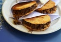 Arepas filled with shredded beef.Venezuelan typical dish.Traditional Colombian food. Royalty Free Stock Photo