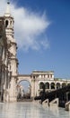 Arequipa/Peru - Sep.28.19: Arch of Basilica Cathedral, historic church at city downtown, beside Army Plaza. Royalty Free Stock Photo