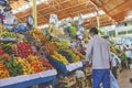 Arequipa, Peru - Aug, 2022: Fresh fruit and vegetable produce on sale in the central market, Mercado San Camilo.