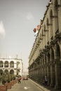 Arequipa/Peru - Sep.28.19: Archs of main plaza, made of white local stone. Royalty Free Stock Photo