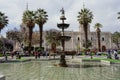 Arequipa/Peru - Sep.28.19: Basilica Cathedral and fountain of Army Plaza. Royalty Free Stock Photo