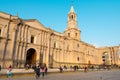 Pople outside the cathedral Catedral basilica de Arequipa at the main square Royalty Free Stock Photo