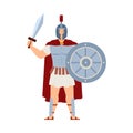 Ares greek deity of war, male character in armor with sword and shield in hands.