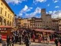 AREZZO, ITALY - NOVEMBER 26, 2022: Panoramic view of the main square of Arezzo Piazza Grande with the famous tyrolean christmas