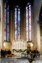 Arezzo, Tuscany, Italy, December 2019: Decorated stained glass windows inside of San Donato Cathedral in Arezzo