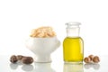 Argan oil and fruits with Shea butter and nuts Royalty Free Stock Photo