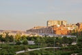 Arganzuela Footbridge with buildings in background, Manzanares r