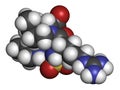 Argatroban anticoagulant drug molecule (direct thrombin inhibitor). 3D rendering. Atoms are represented as spheres with