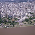 Argentina aerial view of the city of Rosario flag monument and Parana river