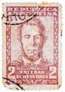 Stamp printed in the Argentina, shows Esteban Echeverria overprint Servicio Oficial