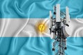 Argentina flag, background with space for your logo - industrial 3D illustration. 5G smart mobile phone radio network antenna base