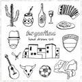 Argentina hand drawn doodle set. Sketches. Vector illustration for design and packages product. Symbol collection