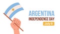 Argentina happy independence day greeting card, banner with flag in hand. Argentinian memorial holiday 9th of July