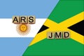 Argentina and Jamaica currencies codes on national flags background