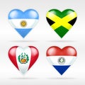 Argentina, Jamaica, Peru and Paraguay heart flag set of American states