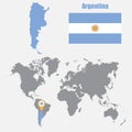 Argentina map on a world map with flag and map pointer. Vector illustration Royalty Free Stock Photo