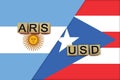 Argentina and Puerto Rico currencies codes on national flags background