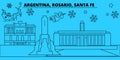 Argentina, Rosario, Santa Fe winter holidays skyline. Merry Christmas, Happy New Year decorated banner with Santa Claus