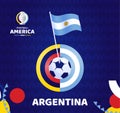 Argentina wave flag on pole and soccer ball. South America Football 2021 Argentina Colombia vector illustration. Tournament Royalty Free Stock Photo